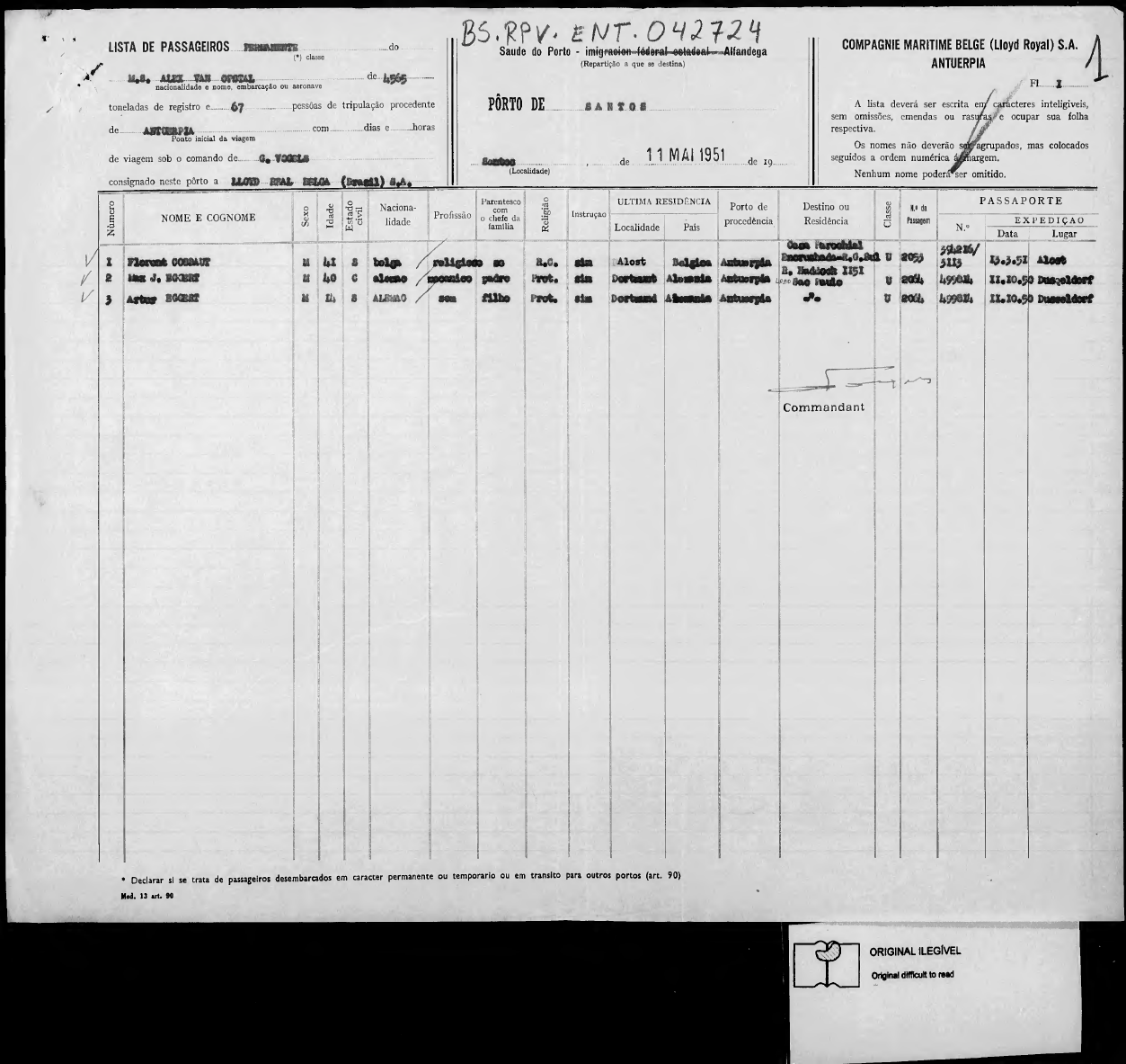 Lista de passageiros do Alex van Opstal em Santos, 11 de maio de 1951